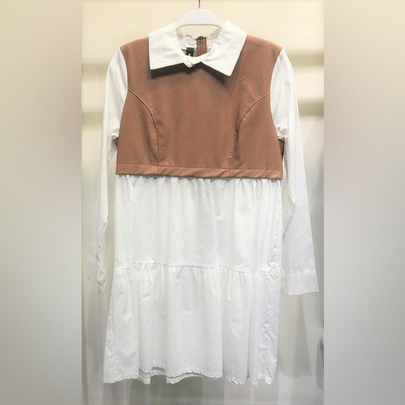 Venti6 Dresses & Skirts - (52512-WHT/CML) LONG SLEEVE ZIP-UP DRESS WITH PU VEST CONTRAST